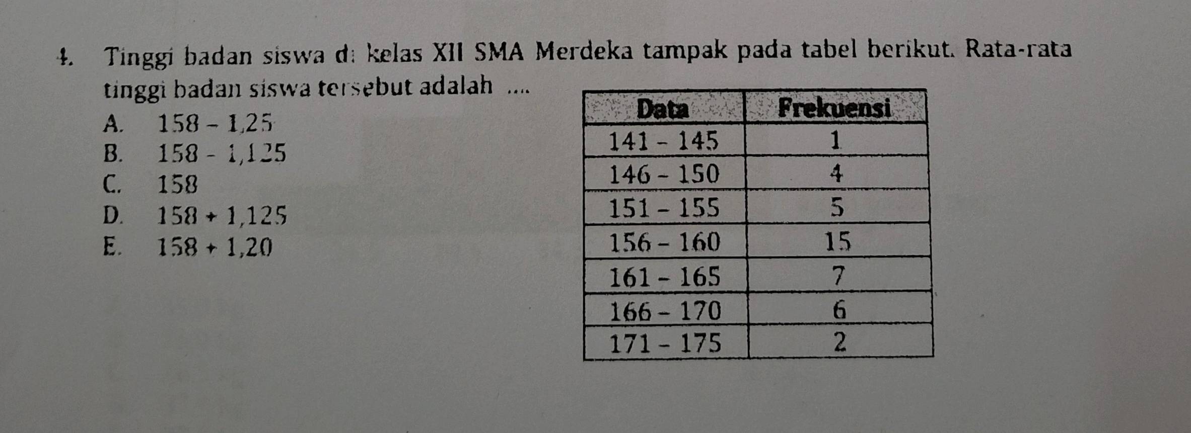 4 Tinggi badan siswa d kelas XII SMA Merdeka | StudyX