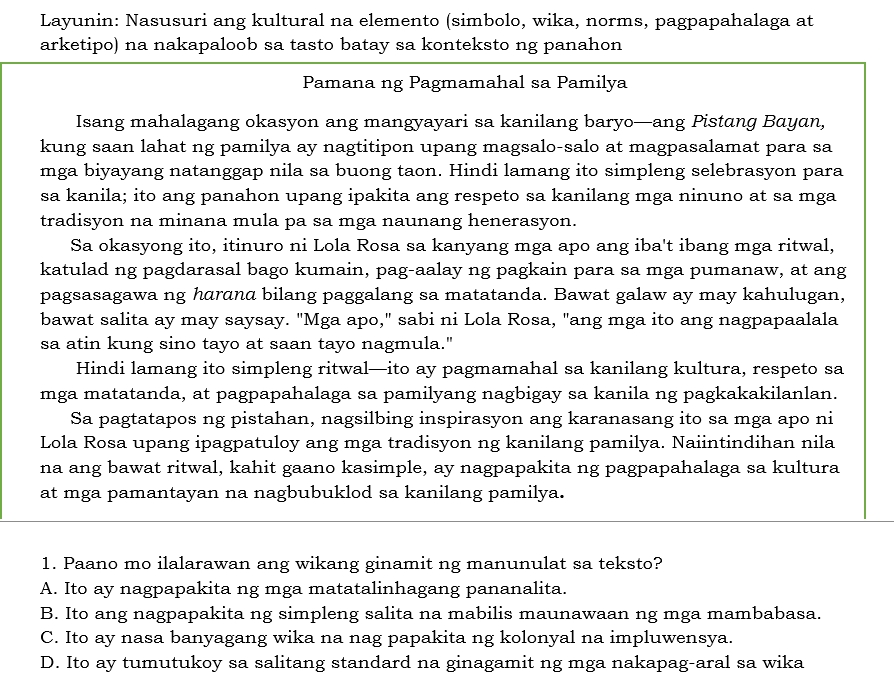 Layunin Nasusuri ang kultural na elemento | StudyX