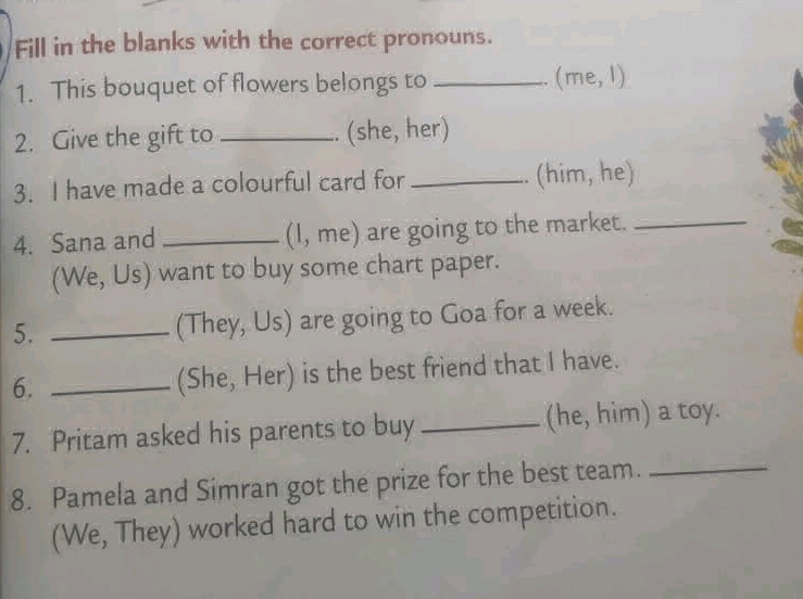Fill in the blanks with the correct pronouns