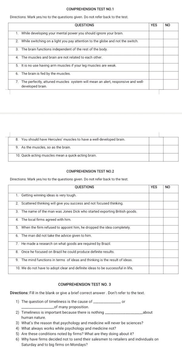 COMPREHENSION TEST NO 1 Directions Mark | StudyX