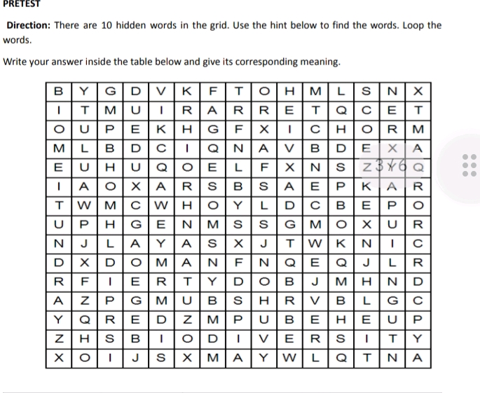 PRETEST Direction There are 10 hidden words | StudyX