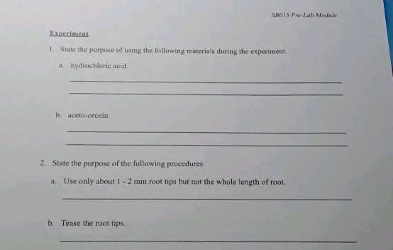 SB015 Pre-Lab Module Experiment 1 State the | StudyX