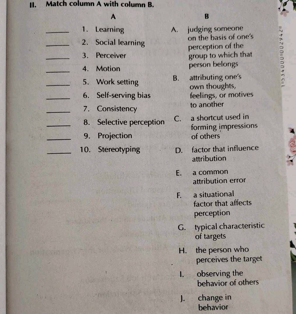 II Match column A with column B A 1 Learning | StudyX