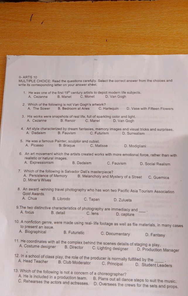 II- ARTS 10 MULTIPLE CHOICE Read the | StudyX