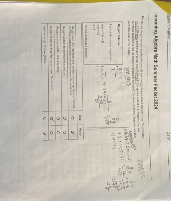 Student Name Date Incoming Algebra Math | StudyX