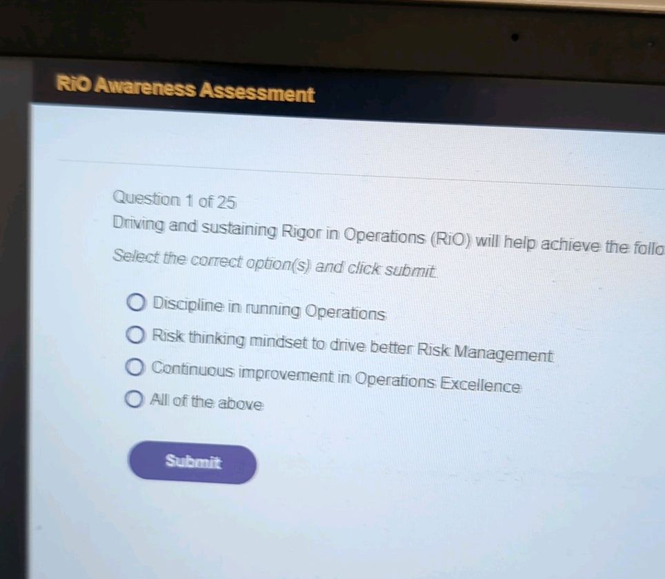Critical Risk Signs Rio RiO Awareness Assessment Question 1 of 25
