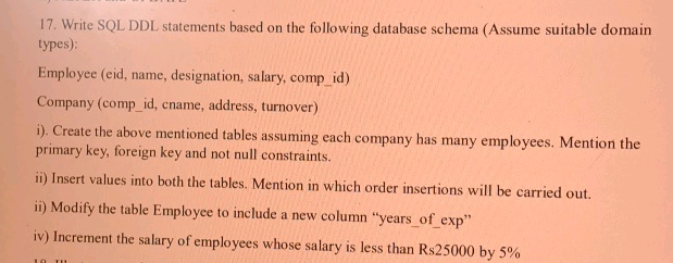17 Write SQL DDL statements based on the | StudyX