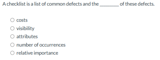 A checklist is a list of common defects and