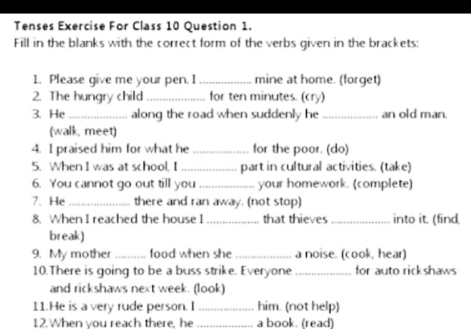 Tenses Exercise For Class 10 Question 1 Fill