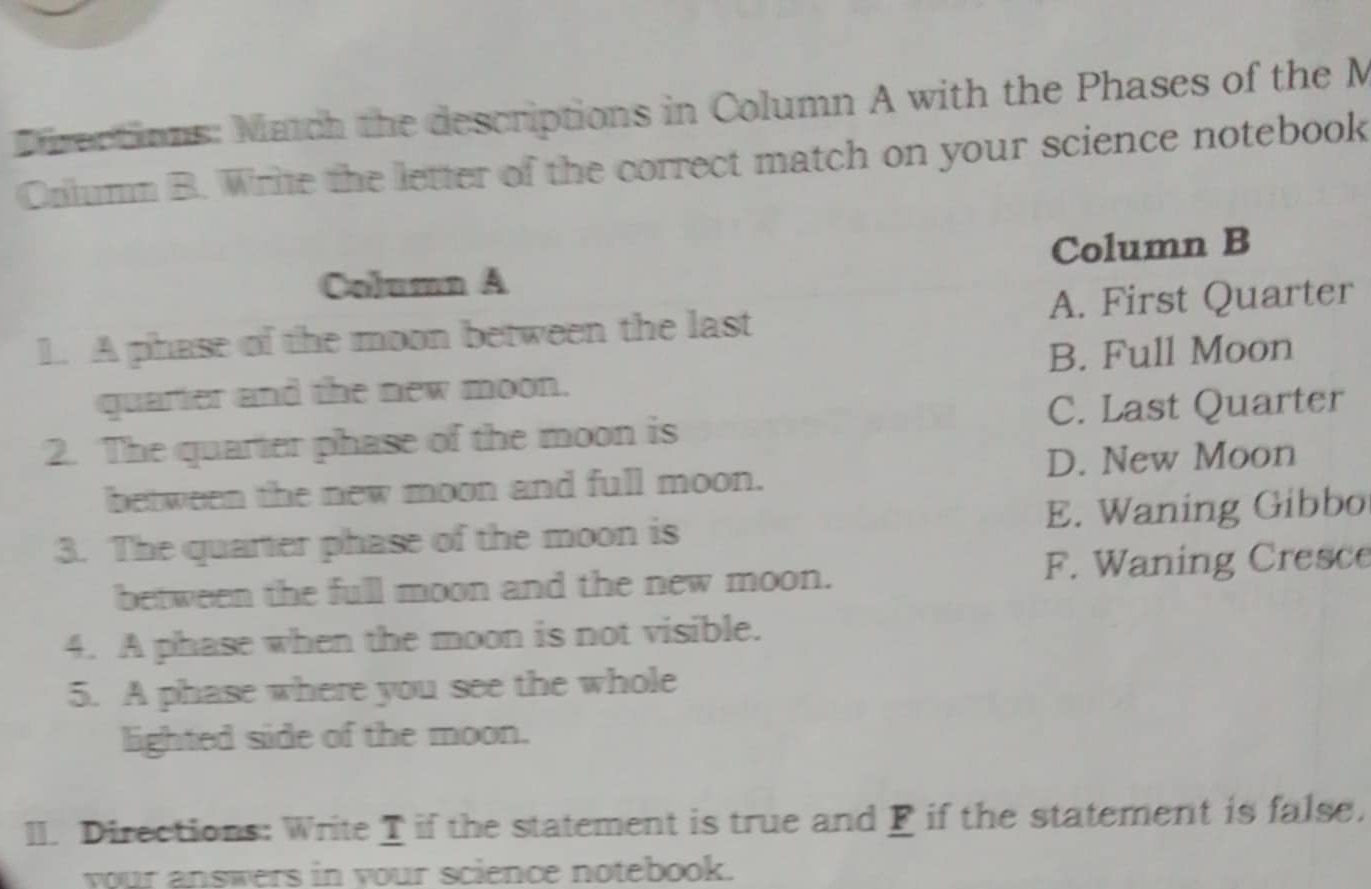 Directions: Match the descriptions in Column | StudyX