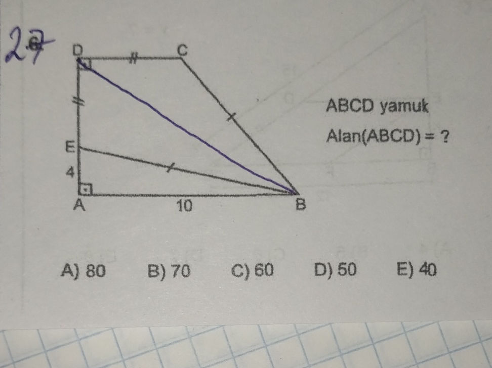 ABCD yamuk Alan(ABCD) = ? A) 80 B) 70 C) 60 | StudyX