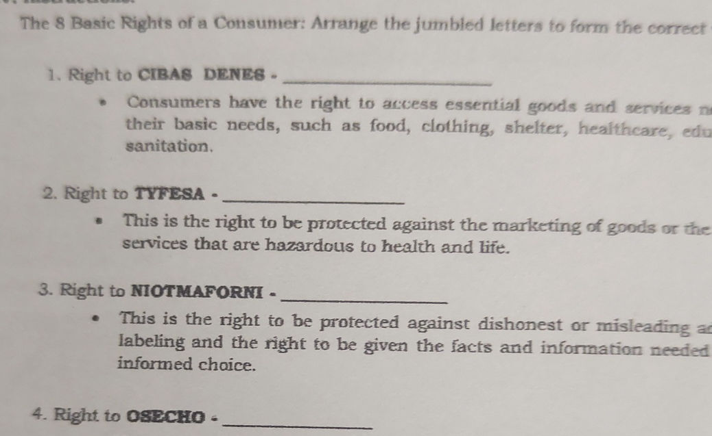 The 8 Basic Rights of a Consumer: Arrange | StudyX