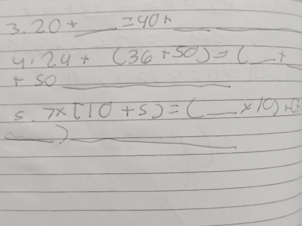 20 + 4. 24 + (36 + 50) = ( + + 50 5. 7 x [10
