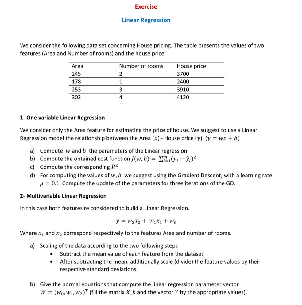 Exercise Linear Regression We consider the | StudyX
