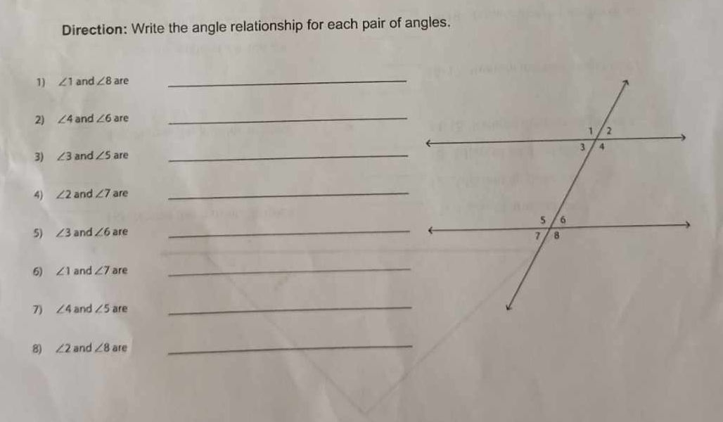 Direction: Write the angle relationship for | StudyX