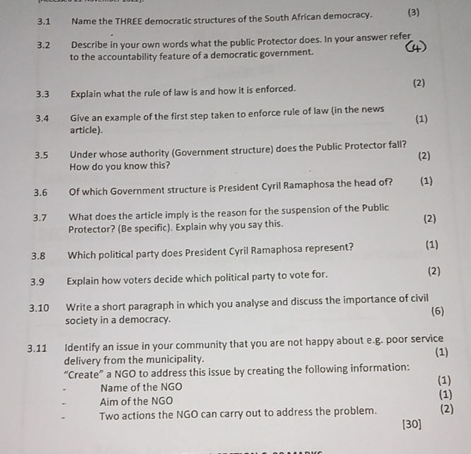 3.1 Name the THREE democratic structures of