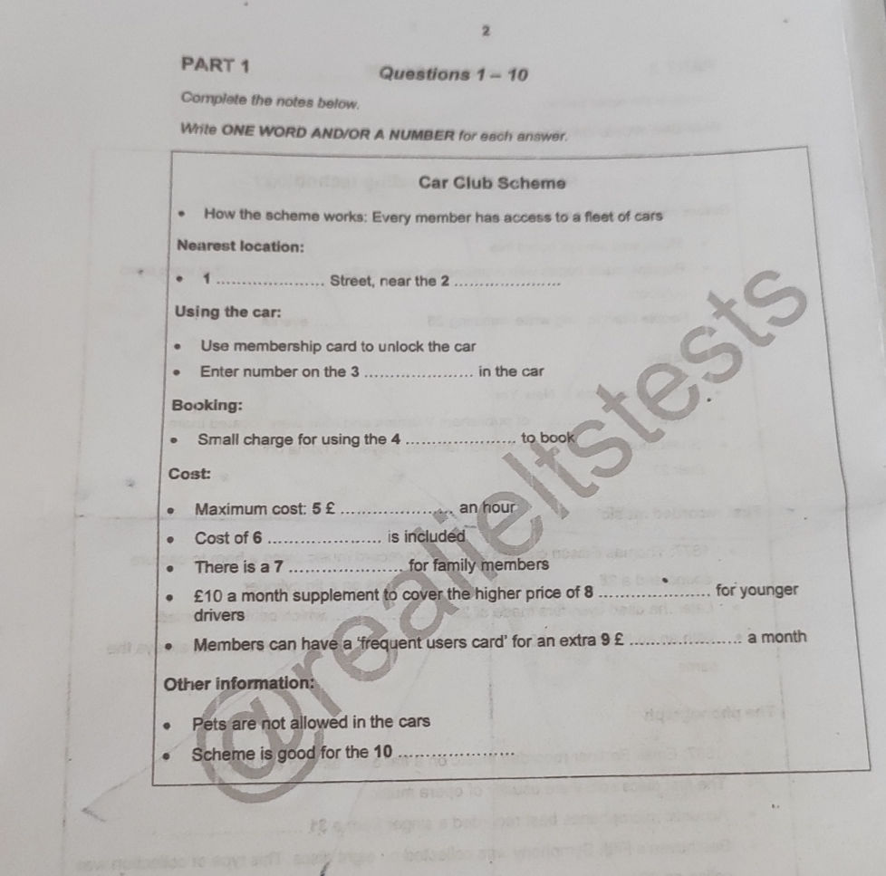 Car Par Short Notes PART 1 Complete the notes below. Write ONE