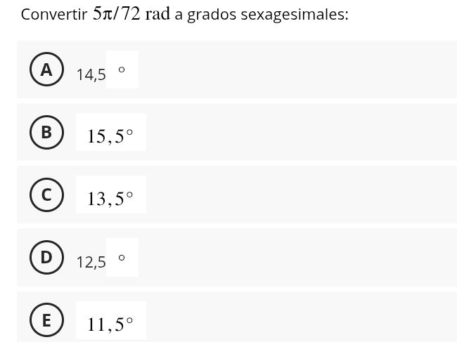 Convertir $5 /72$ rad a grados | StudyX