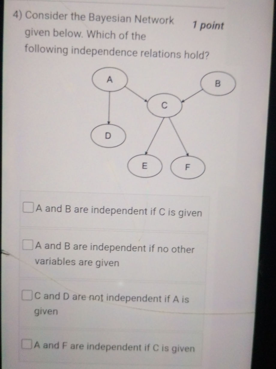 4) Consider the Bayesian Network given | StudyX