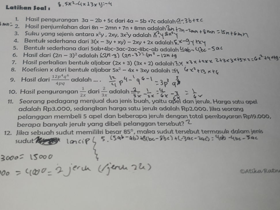 1. Hasil pengurangan $3a - 2b + 5c$ dari | StudyX