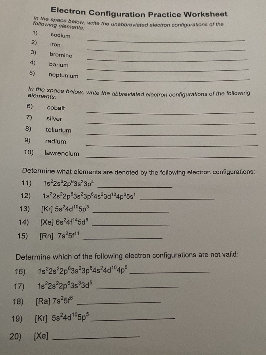 Electron Configuration Practice Worksheet | StudyX