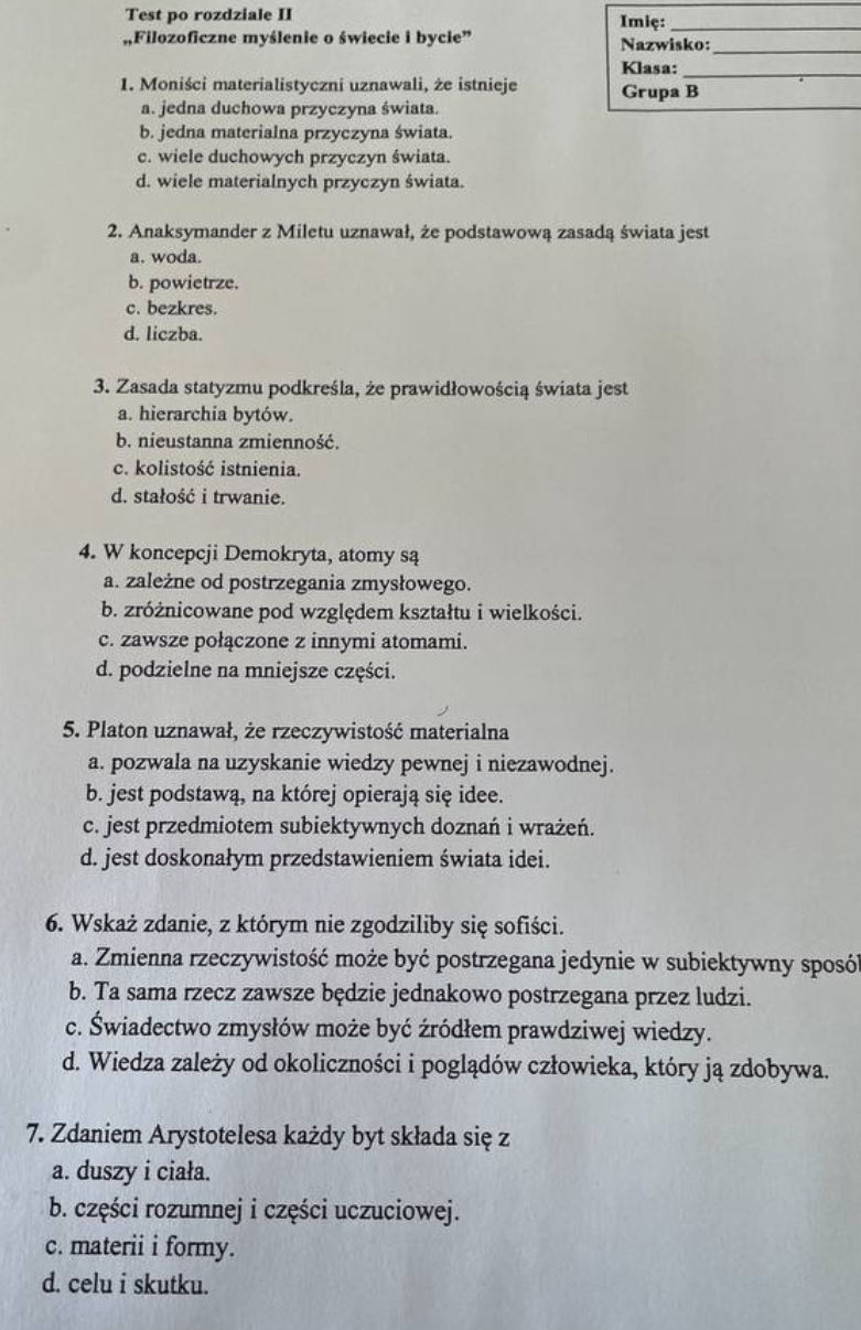 Test po rozdziale II „Filozoficzne myślenie | StudyX