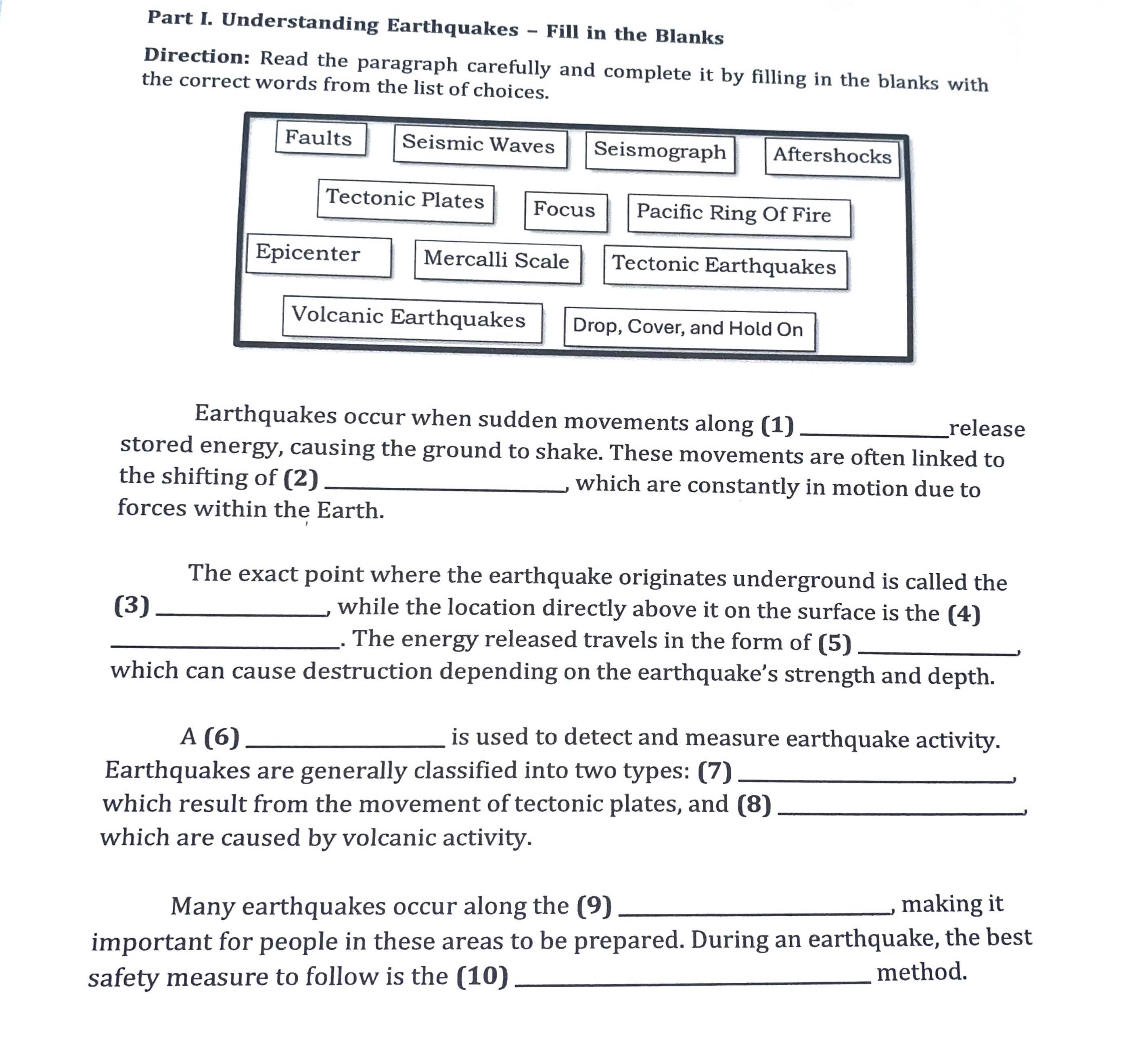 Part I. Understanding Earthquakes - Fill in | StudyX