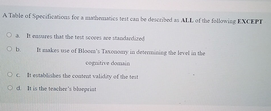 Spec Math Question A Table of Specifications for a mathematics | StudyX