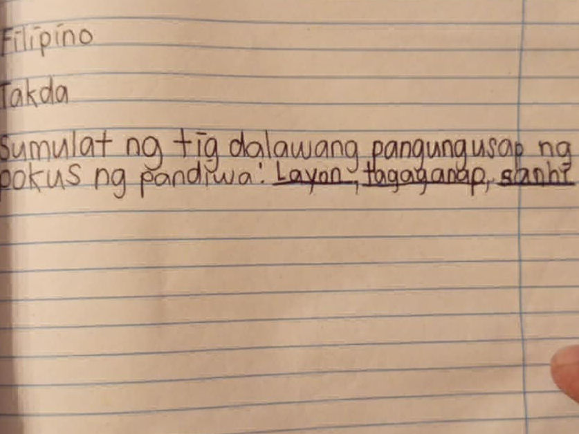Sumulat ng tig dalawang pangungusap ng pokus | StudyX