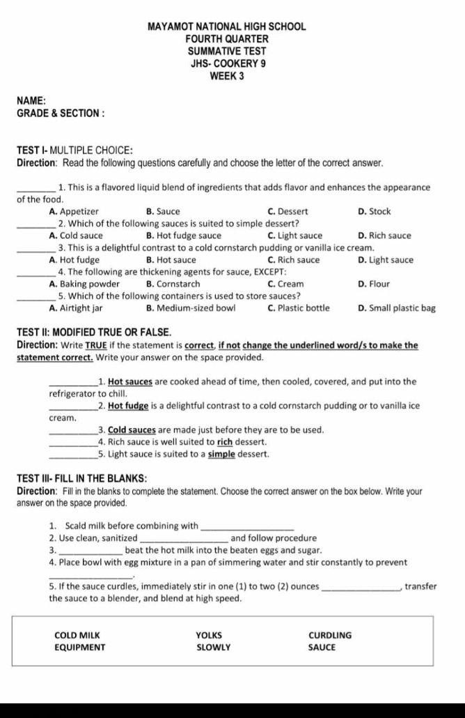 TEST I- MULTIPLE CHOICE: Direction: Read the | StudyX