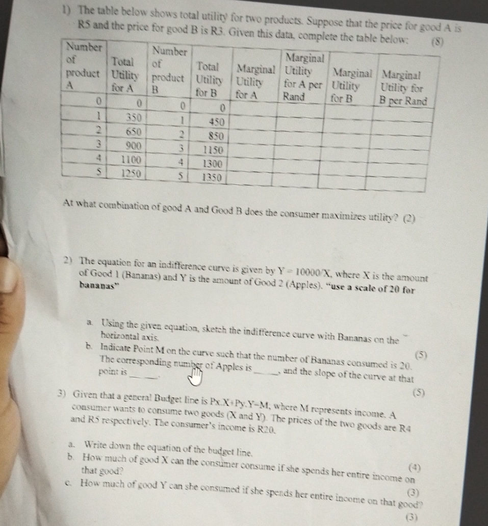 1) The table below shows total utility for | StudyX