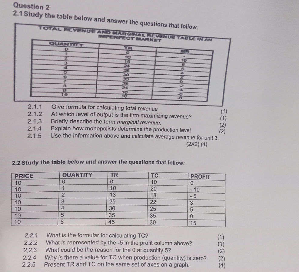 Question 2 2.1 Study the table below and | StudyX