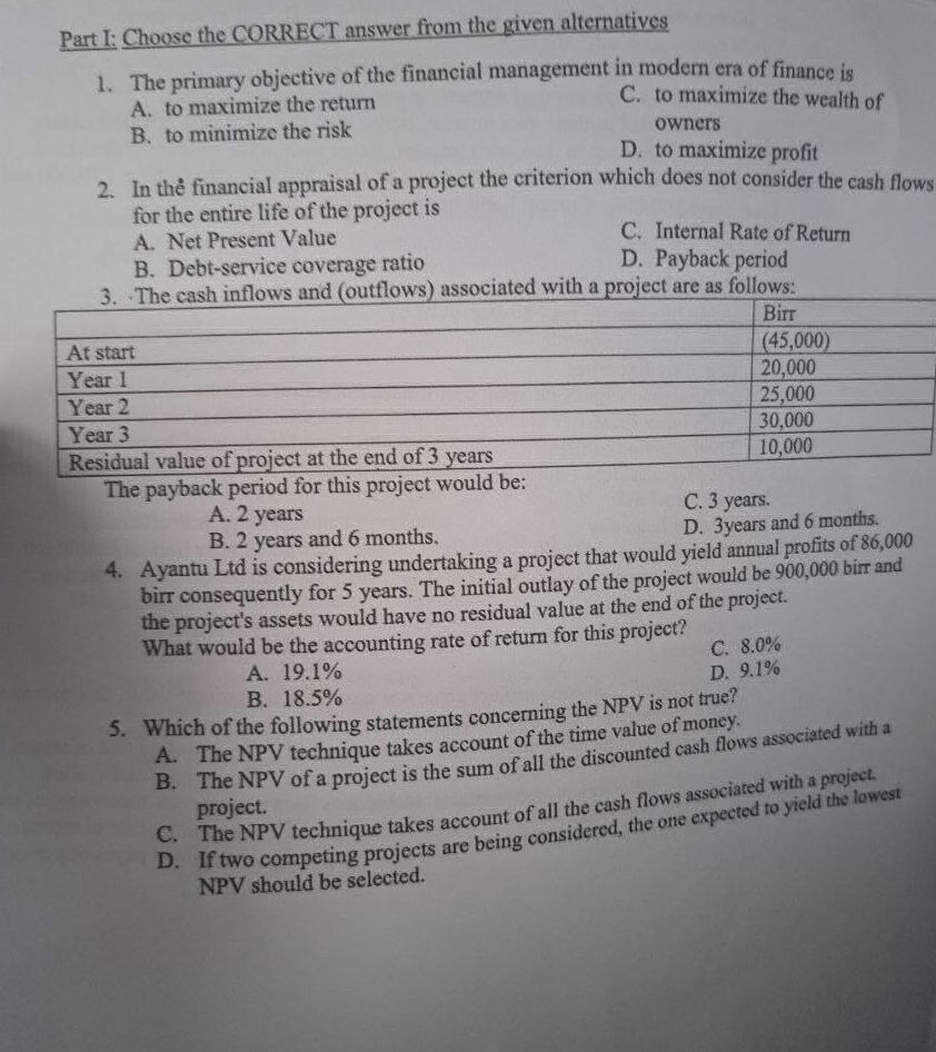 Part I: Choose the CORRECT answer from the | StudyX