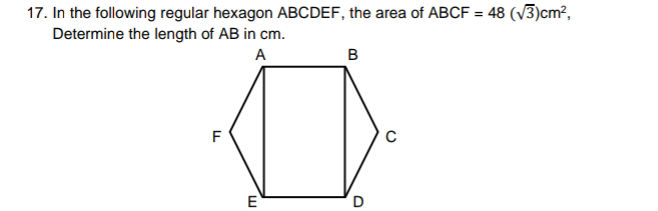 17. In the following regular hexagon ABCDEF, | StudyX