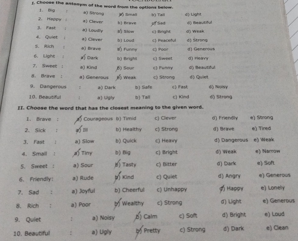 I. Choose the antonym of the word from the | StudyX