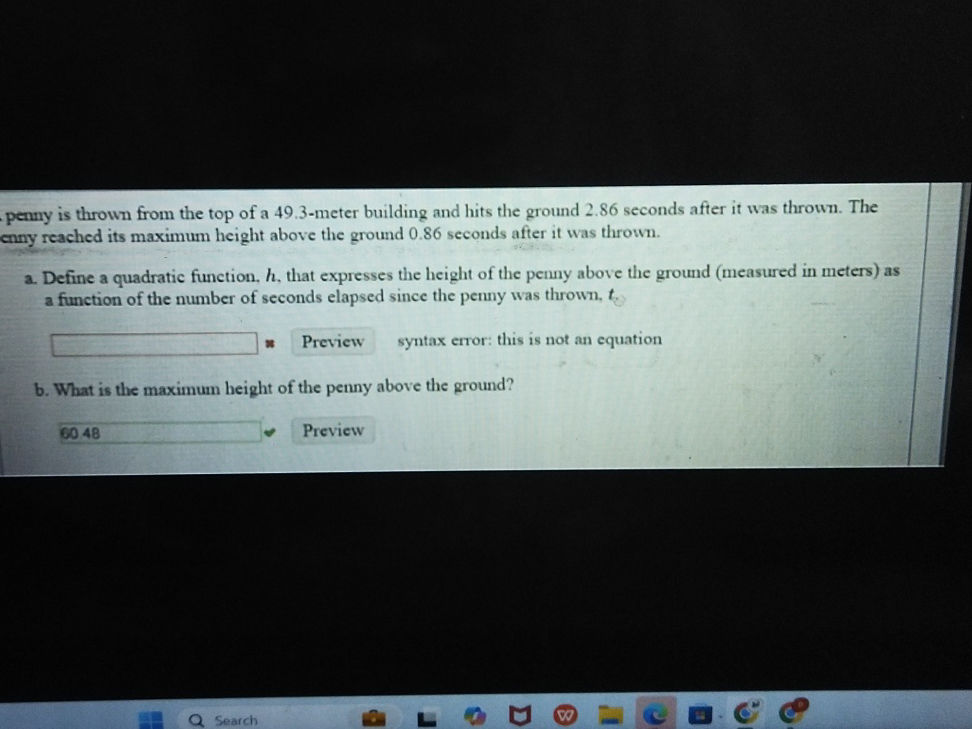 a. Define a quadratic function, $h$, that | StudyX