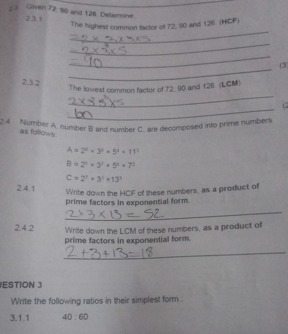 2.3 Given 72, 90 and 126. Determine. 2.3.1 | StudyX