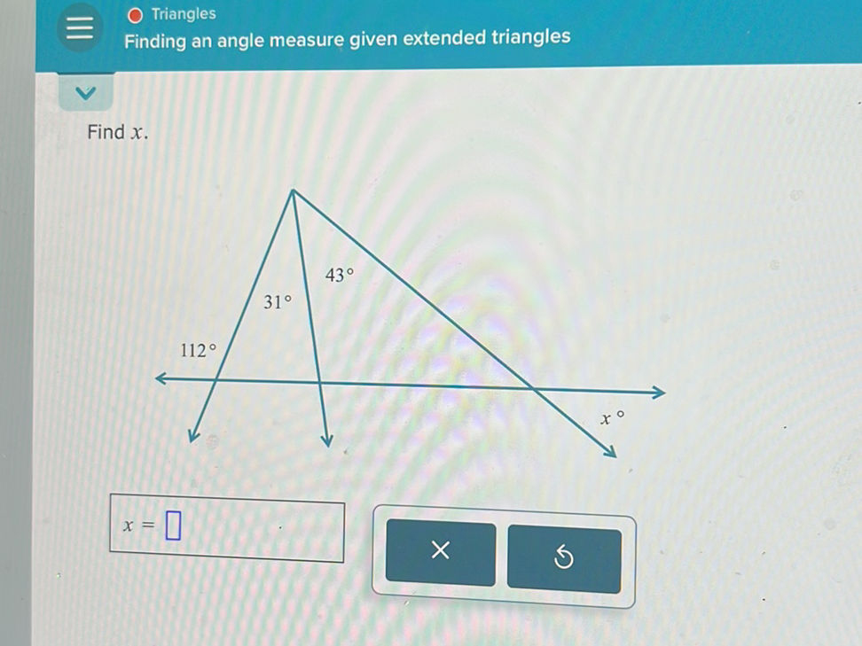 Find x. The image shows a triangle with | StudyX