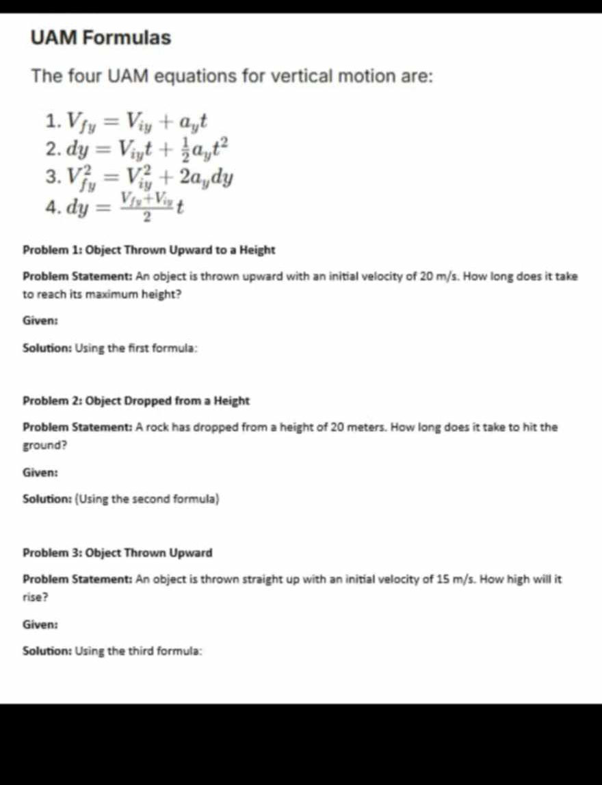 Uam Example The four UAM equations for vertical motion | StudyX