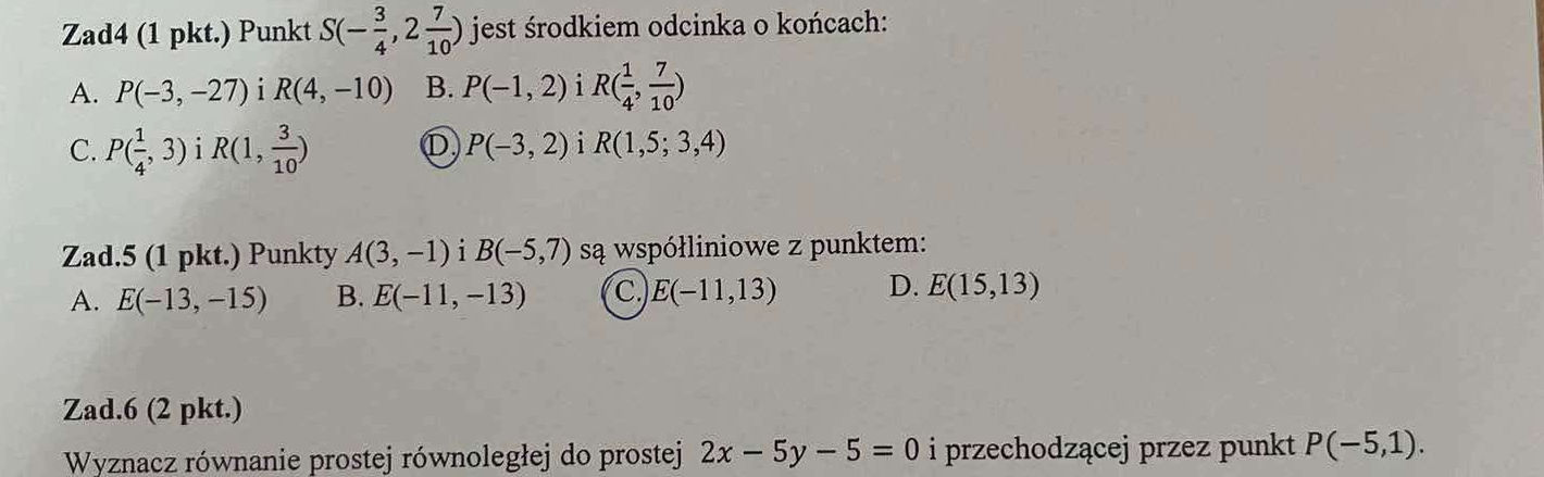Zad4 (1 pkt.) Punkt $S(- {3}{4}, 2 {7}{10})$ | StudyX