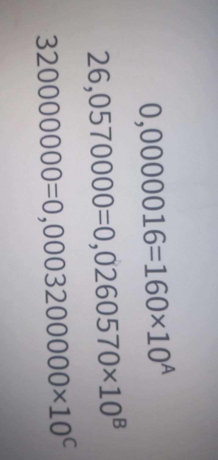 0,0000016 = 160 10^A 26,0570000 = | StudyX
