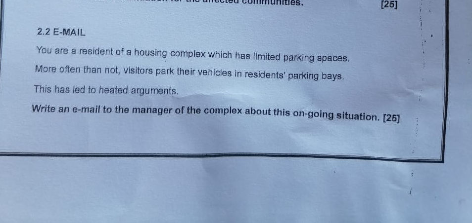 Housing Email Example 2.2 E-MAIL You are a resident of a housing