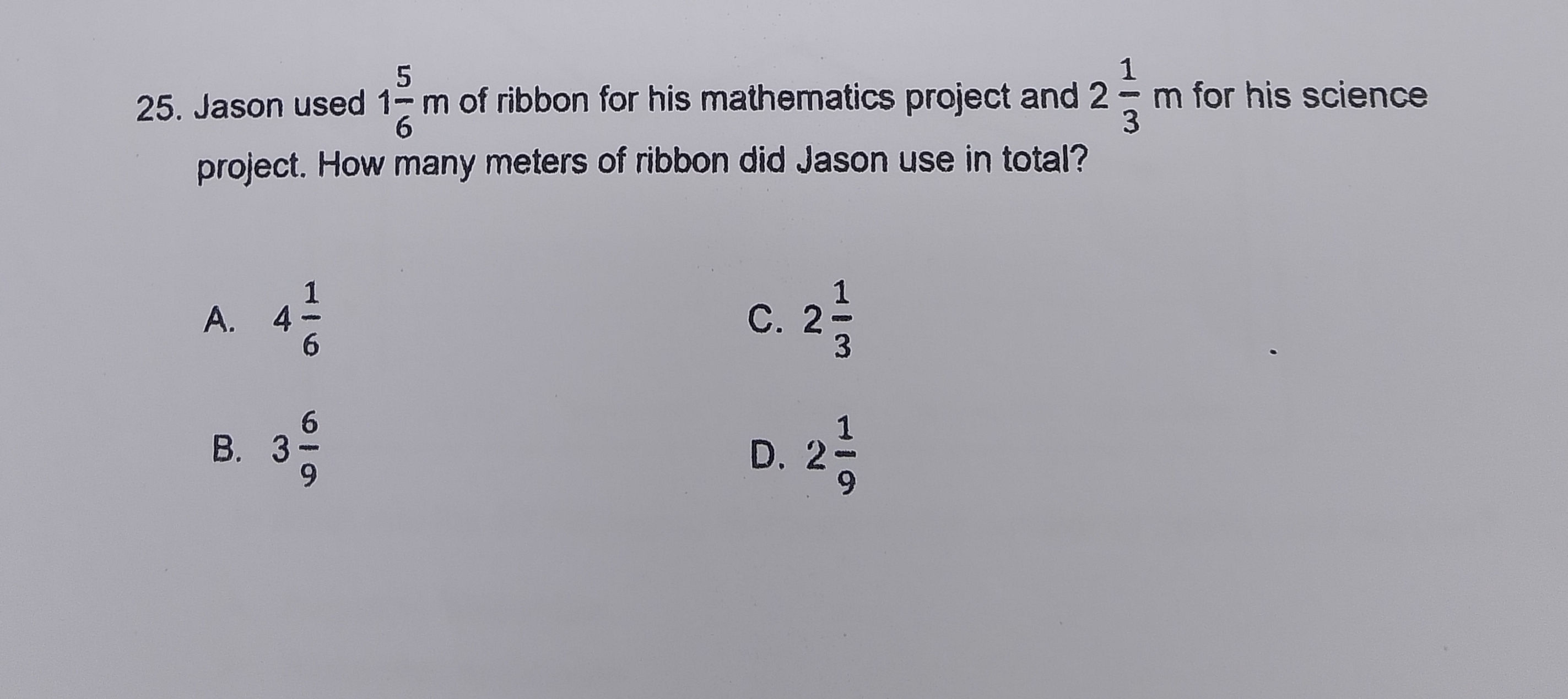 Jason used $1 {5}{6}$ m of ribbon for his