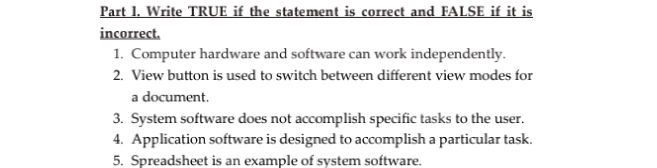Part 1. Write TRUE if the statement is