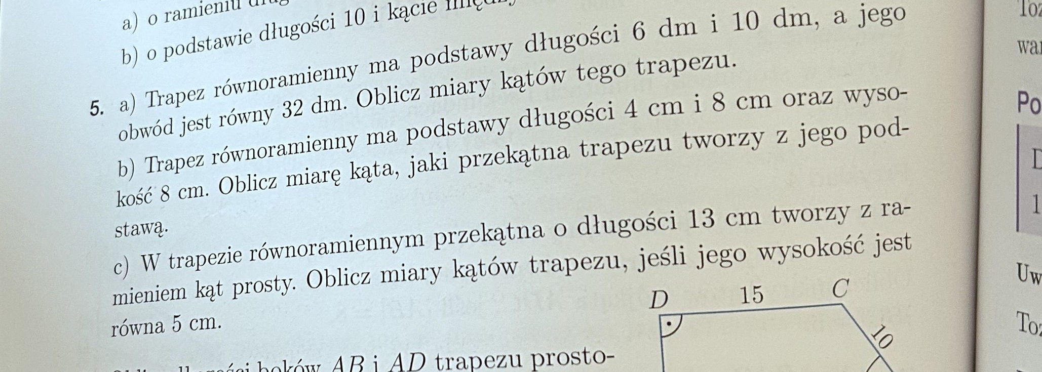 5. a) Trapez równoramienny ma podstawy | StudyX