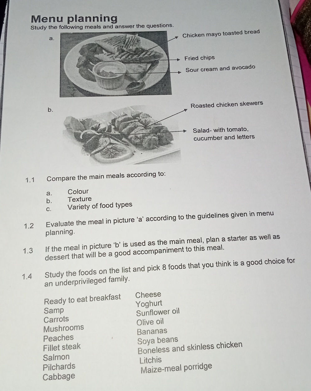 Menu planning Study the following meals and | StudyX