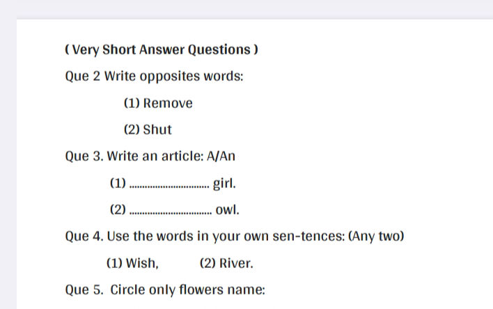 (Very Short Answer Questions) Que 2 Write | StudyX