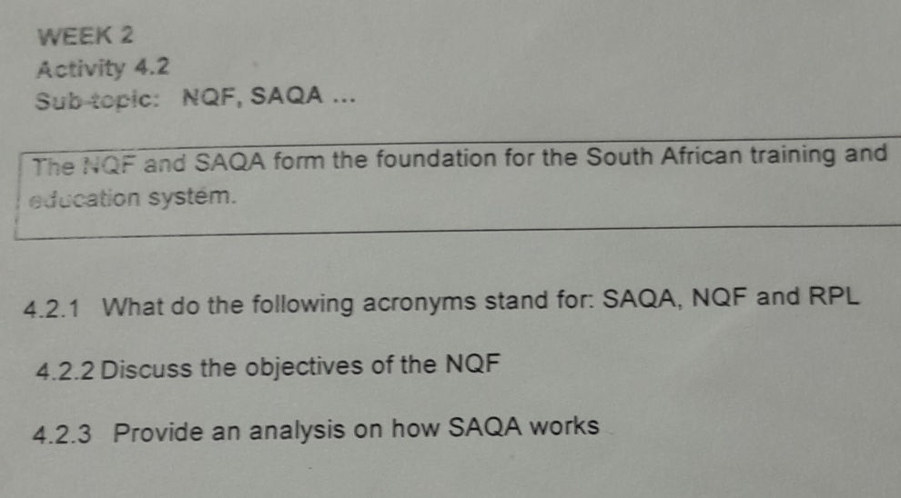 Saqa Rpl 4.2.1 What do the following acronyms stand | StudyX