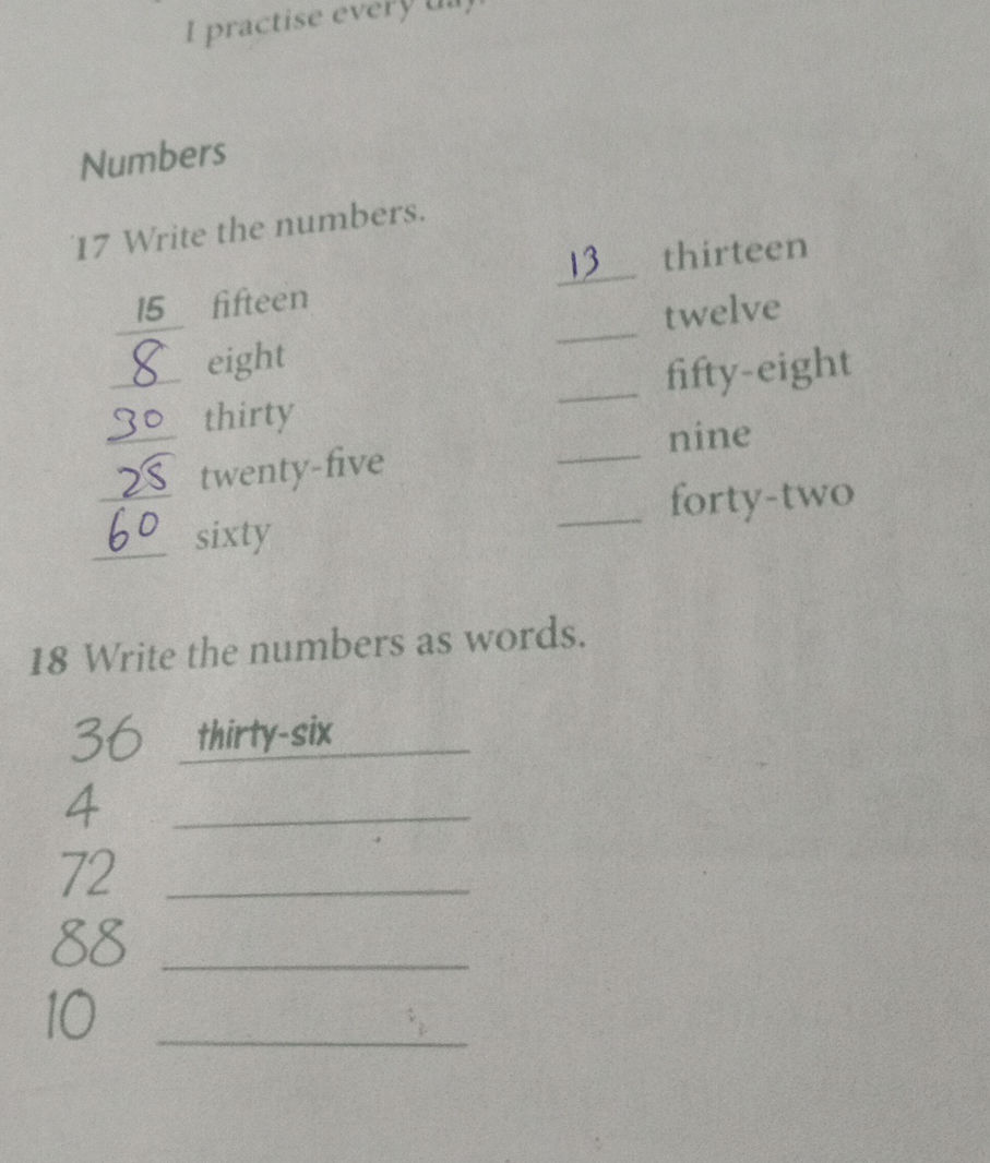 17 Write the numbers. 13 thirteen 15 | StudyX