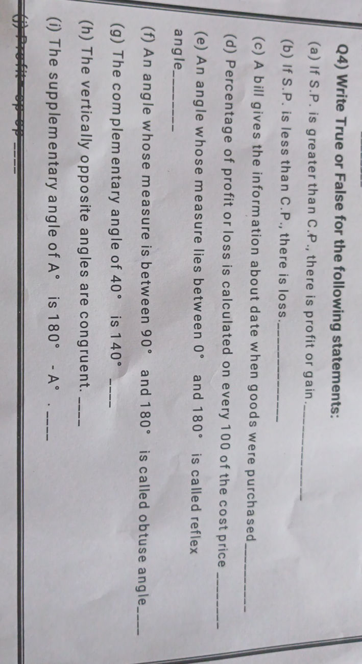 Q4) Write True or False for the following | StudyX